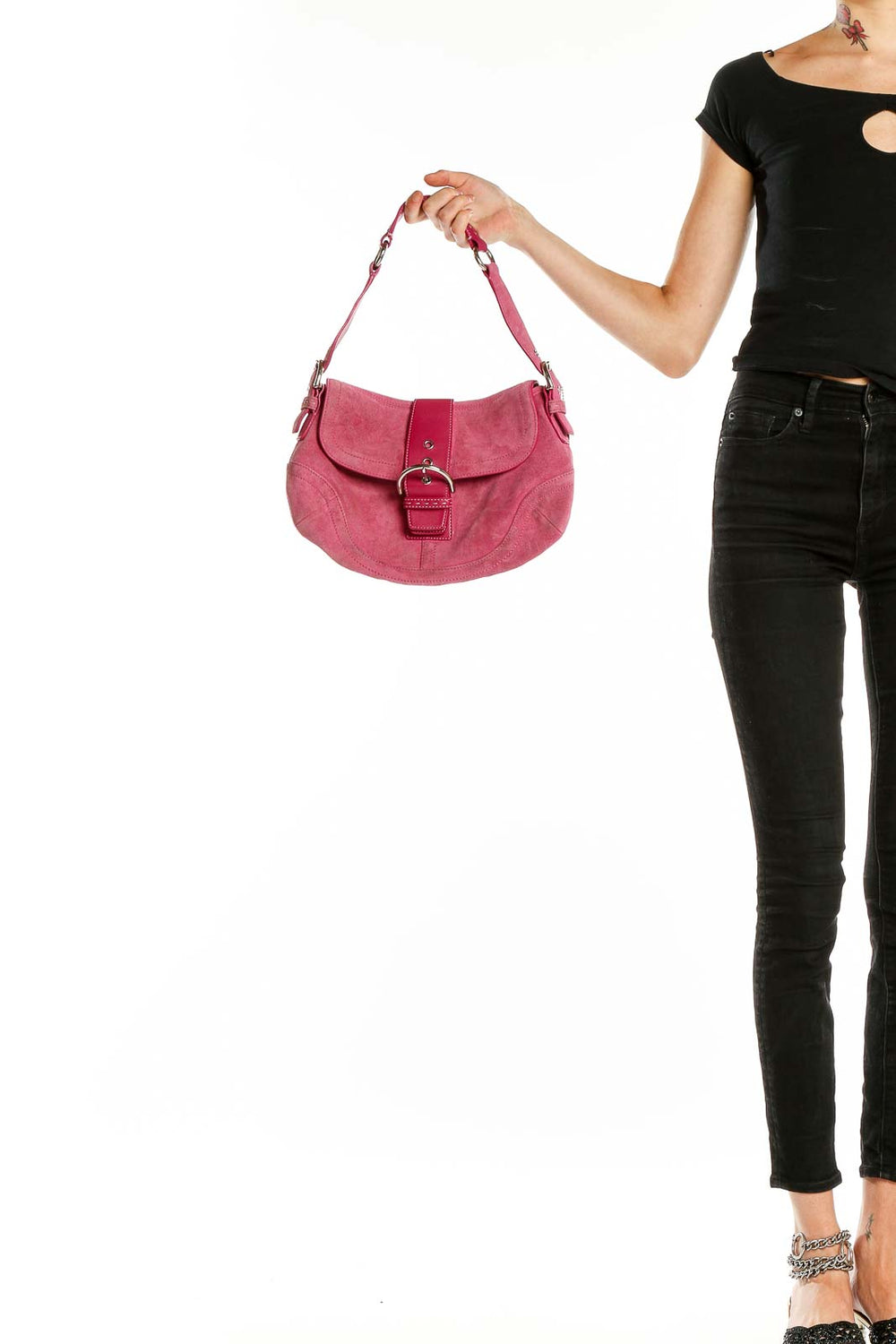 Front view of pink suede Coach Soho Flap shoulder bag with silver-tone hardware