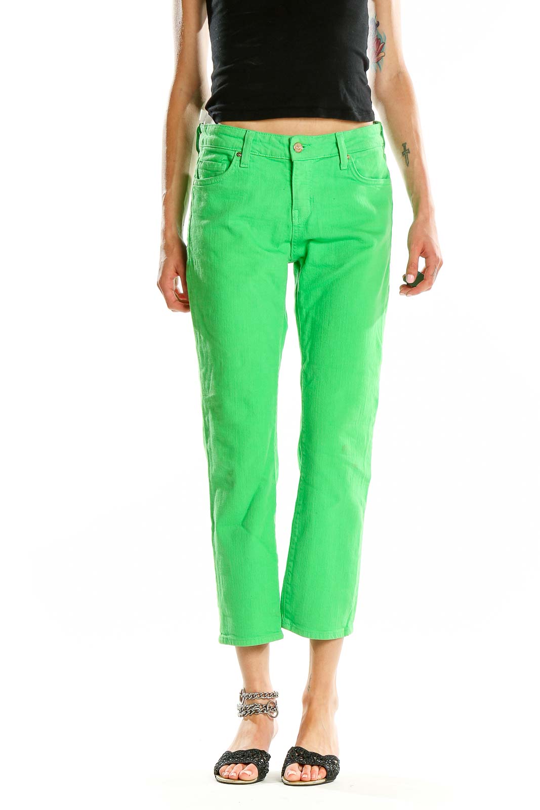 Front view of Kate Spade green cropped denim jeans on model