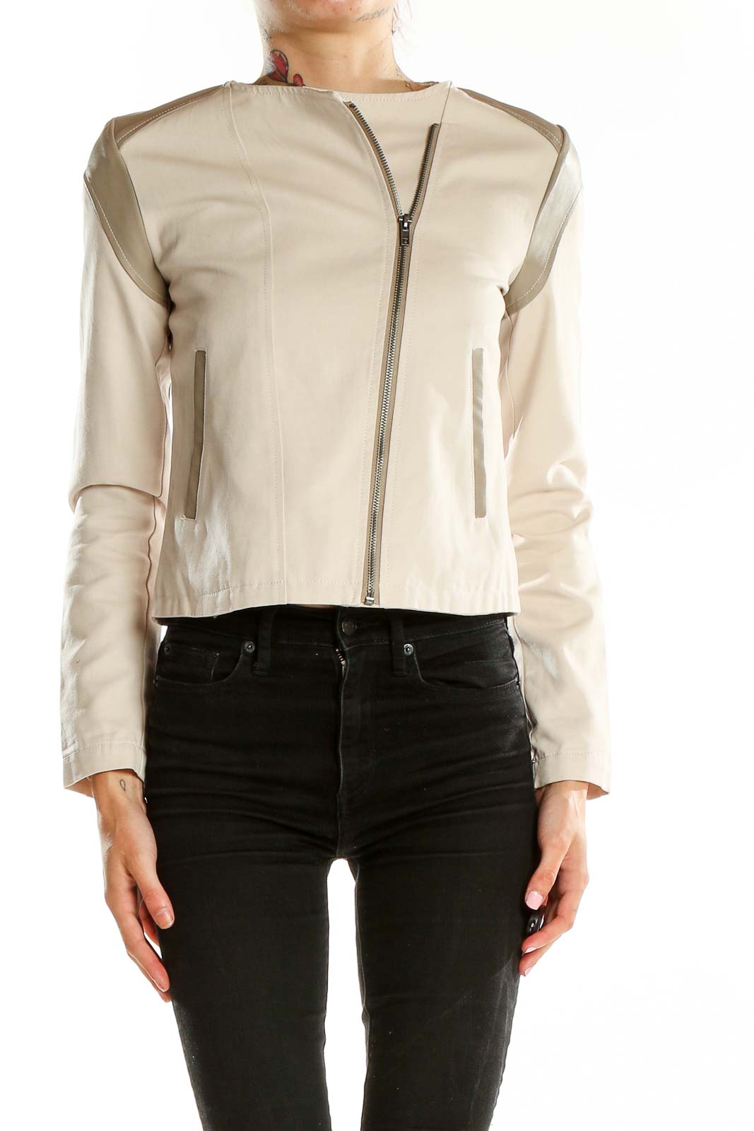 Front view of beige Jack cropped jacket with asymmetric zip