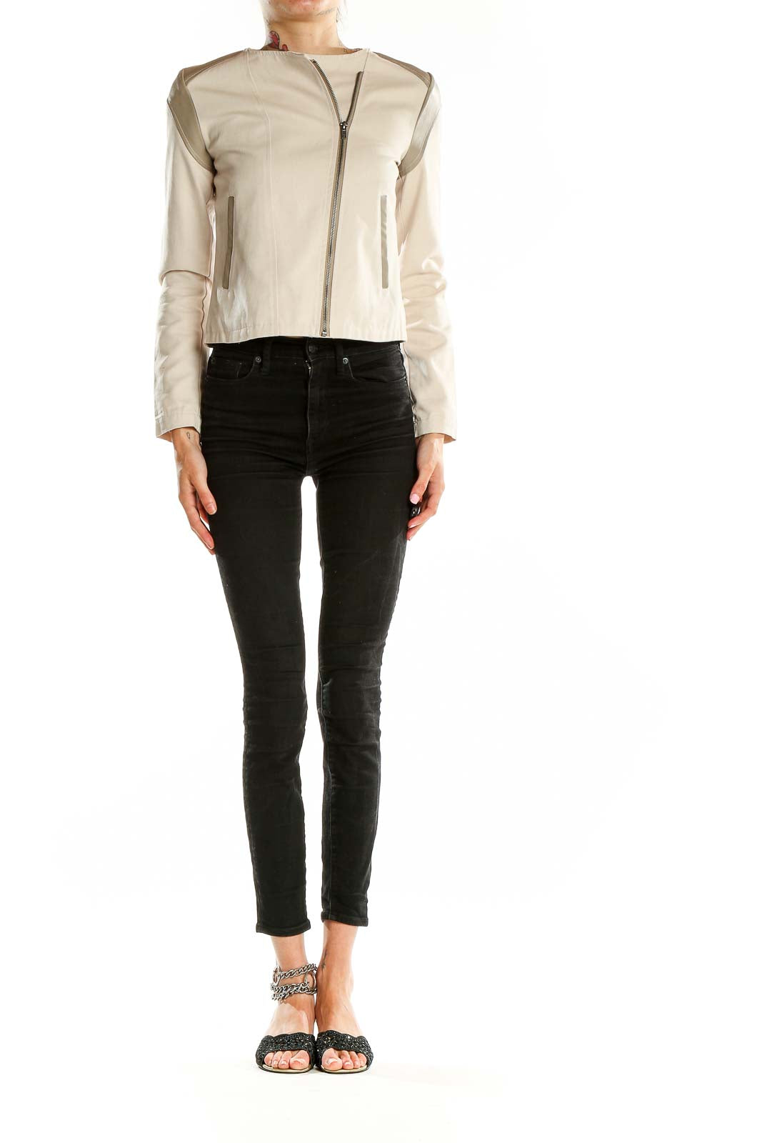 Front view of beige Jack cropped jacket with asymmetric zip