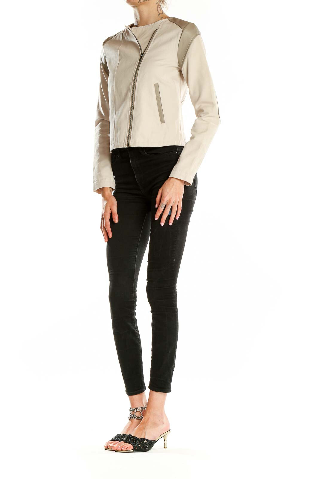 Front view of beige Jack cropped jacket with asymmetric zip