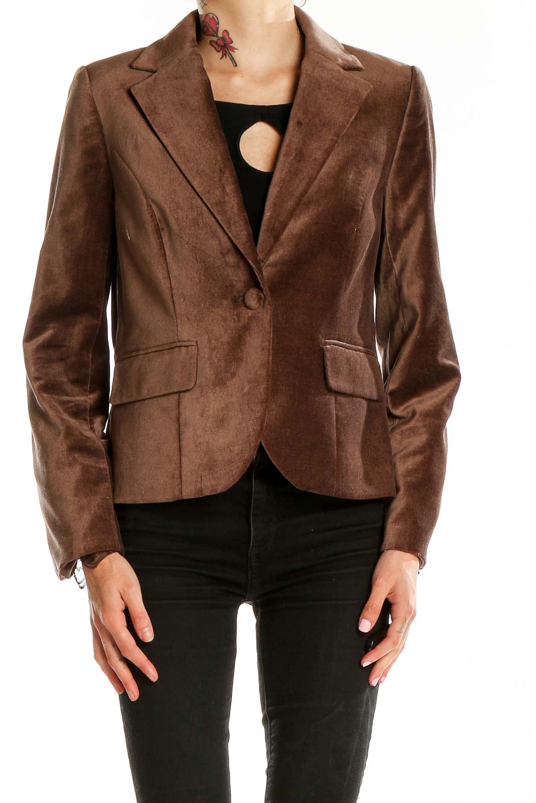 Front view of brown velvet blazer jacket by Apostrophe