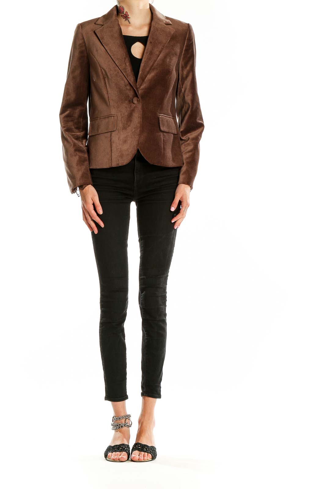 Front view of brown velvet blazer jacket by Apostrophe