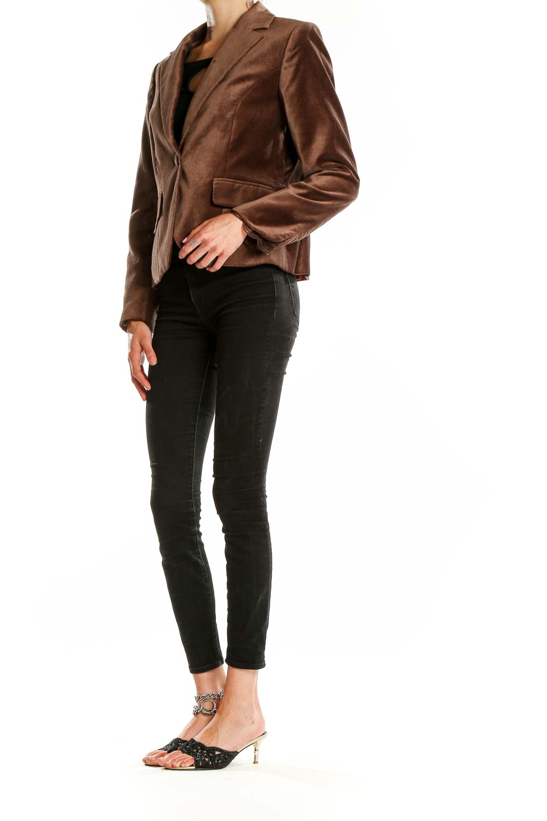 Front view of brown velvet blazer jacket by Apostrophe