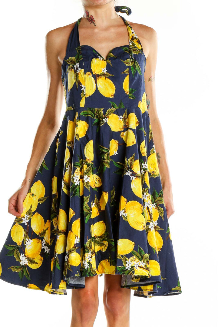 Blue Yellow Retro Lemon Print Halter Dress