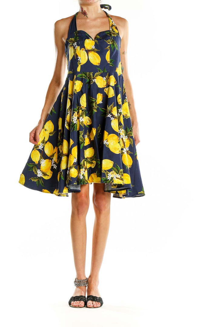 Blue Yellow Retro Lemon Print Halter Dress