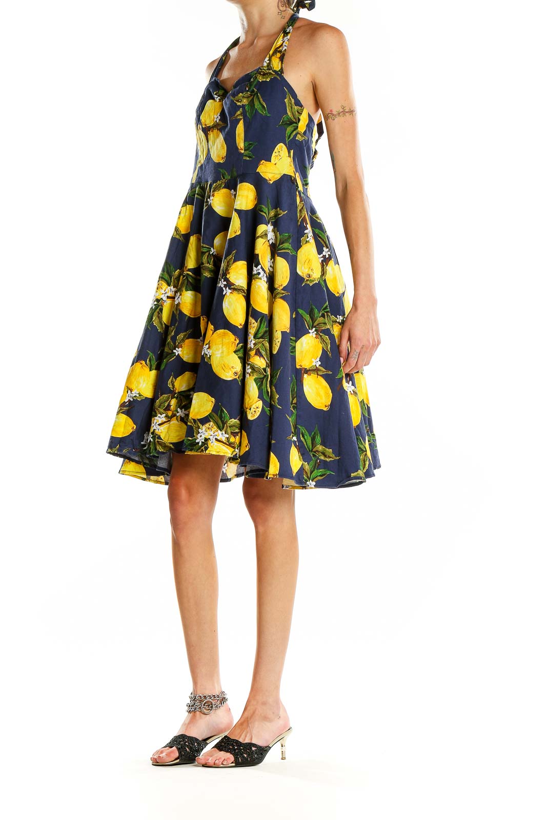 Blue Yellow Retro Lemon Print Halter Dress