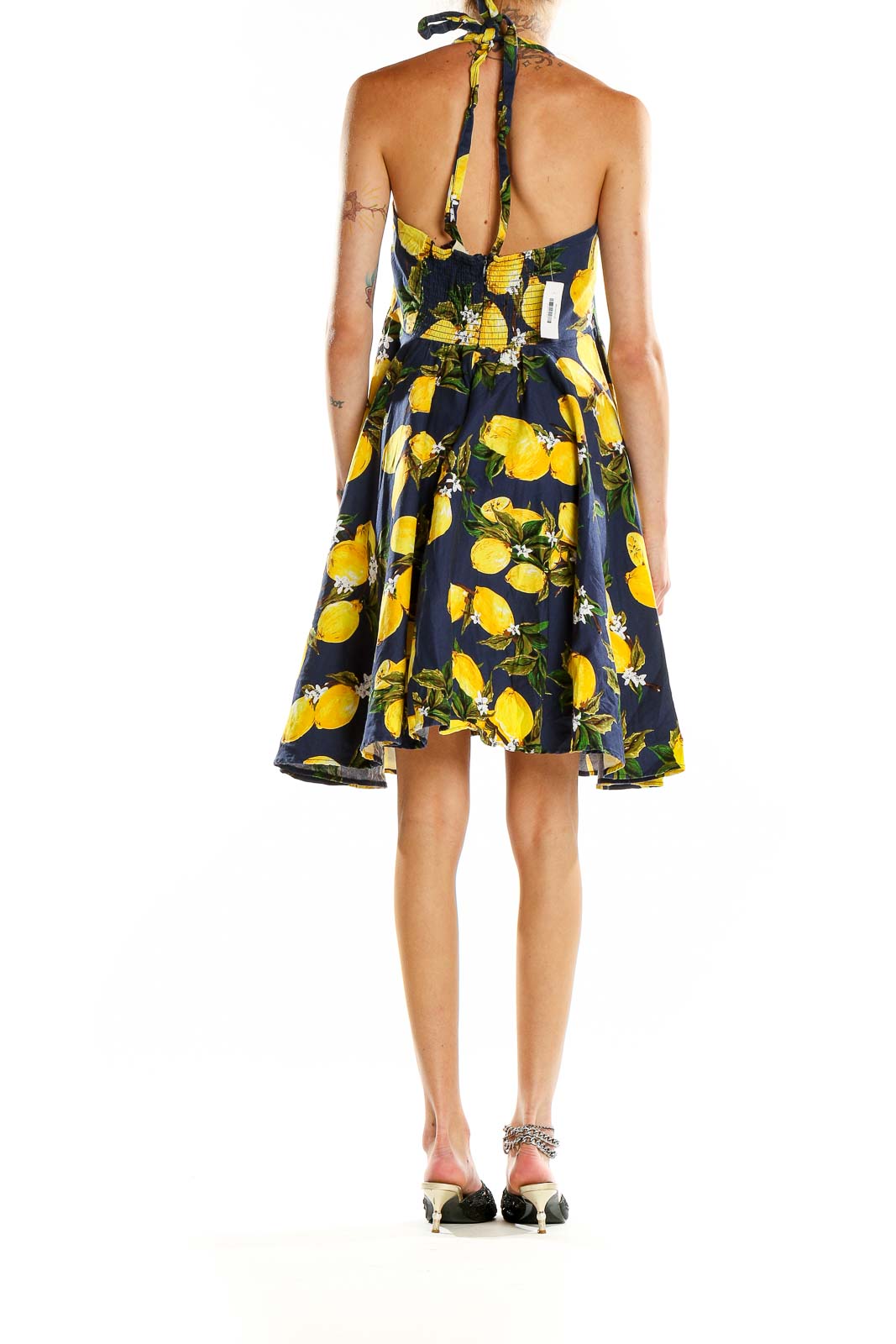 Blue Yellow Retro Lemon Print Halter Dress