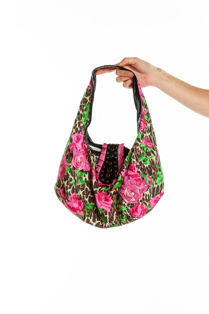 Front view of Betsyville pink floral and leopard print hobo bag