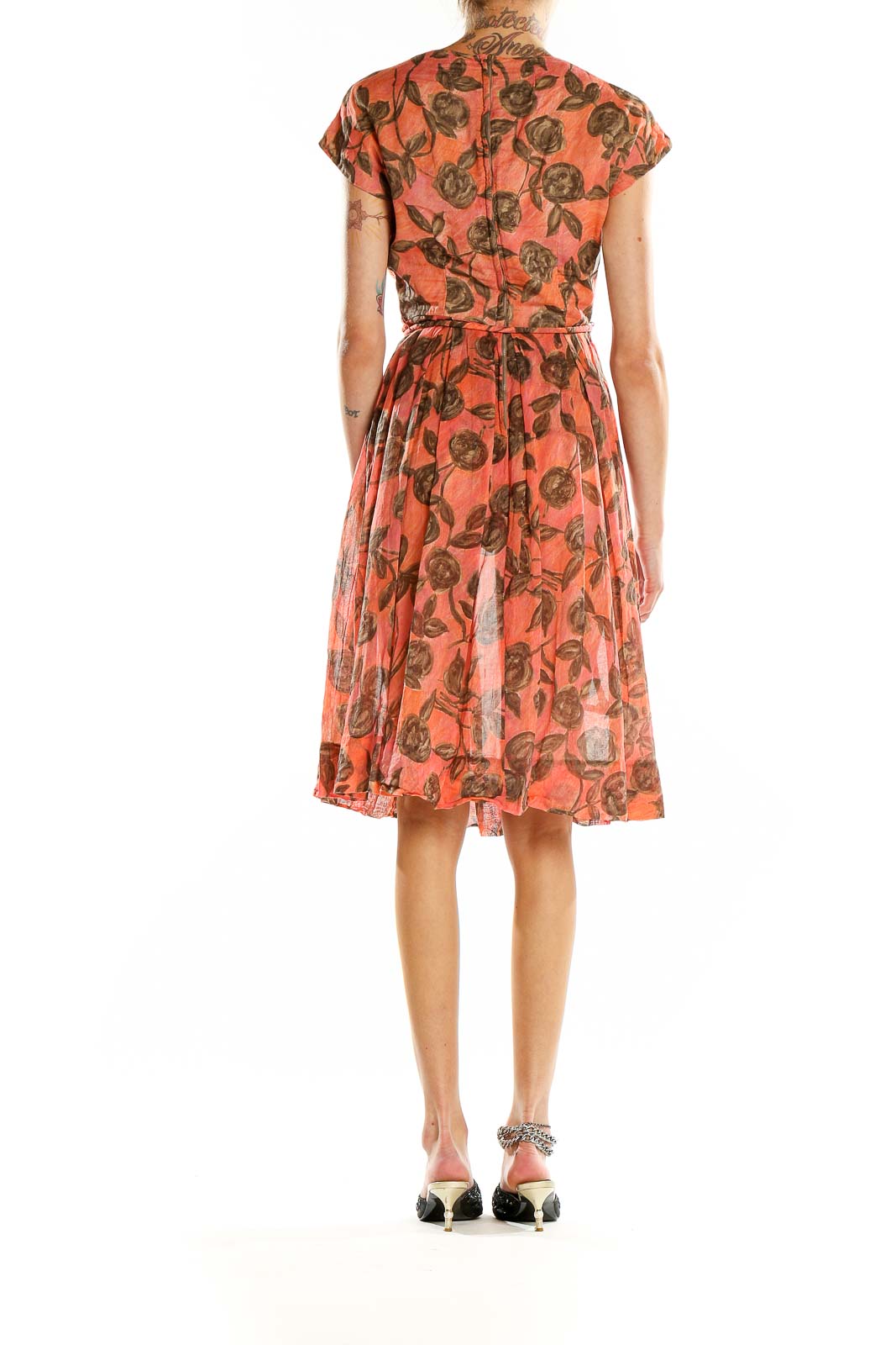 Back view of coral floral print belted dress by Jean Lang showing A-line skirt