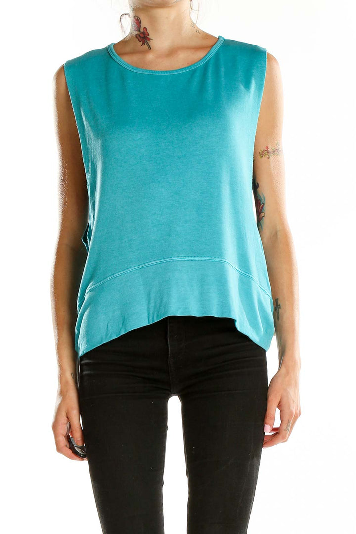 Front view of teal Pink Lotus sleeveless athletic tank top