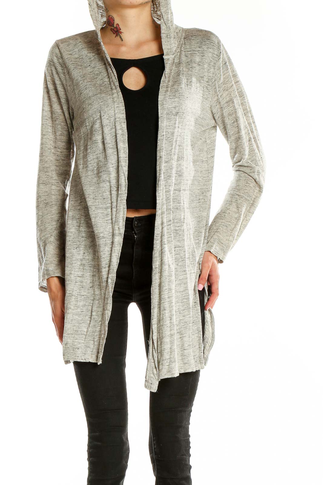 Front view of Cynthia Rowley gray hooded linen cardigan