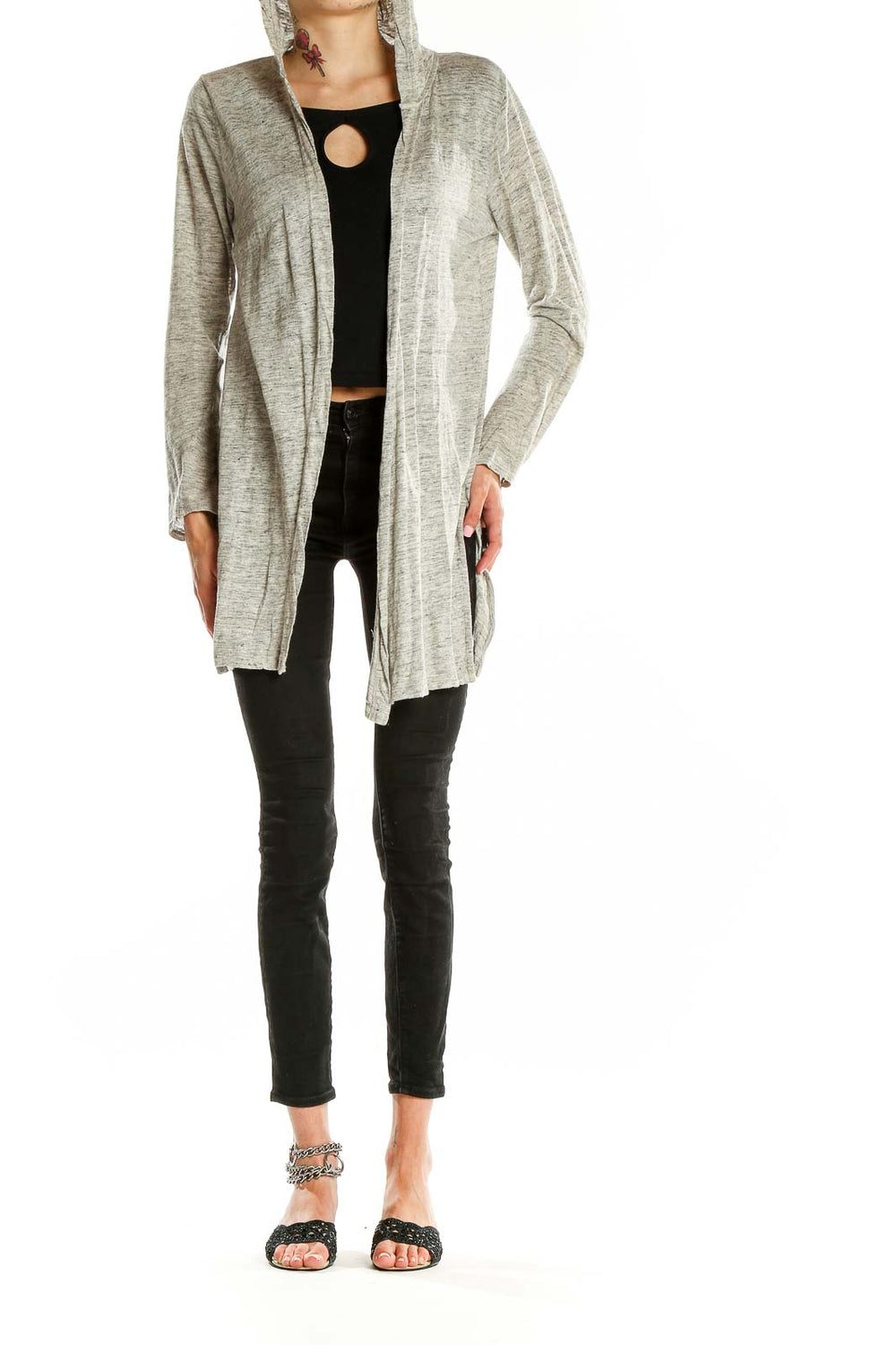 Front view of Cynthia Rowley gray hooded linen cardigan