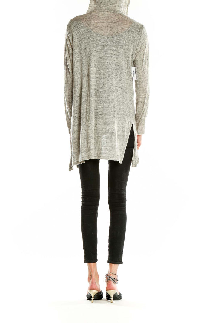 Back view of Cynthia Rowley gray hooded linen cardigan showing length and fit