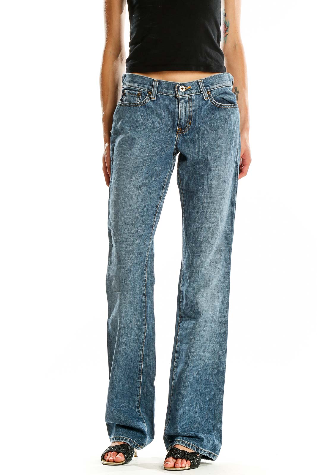 Front view of Polo Jeans Co. Ralph Lauren blue straight leg jeans on model