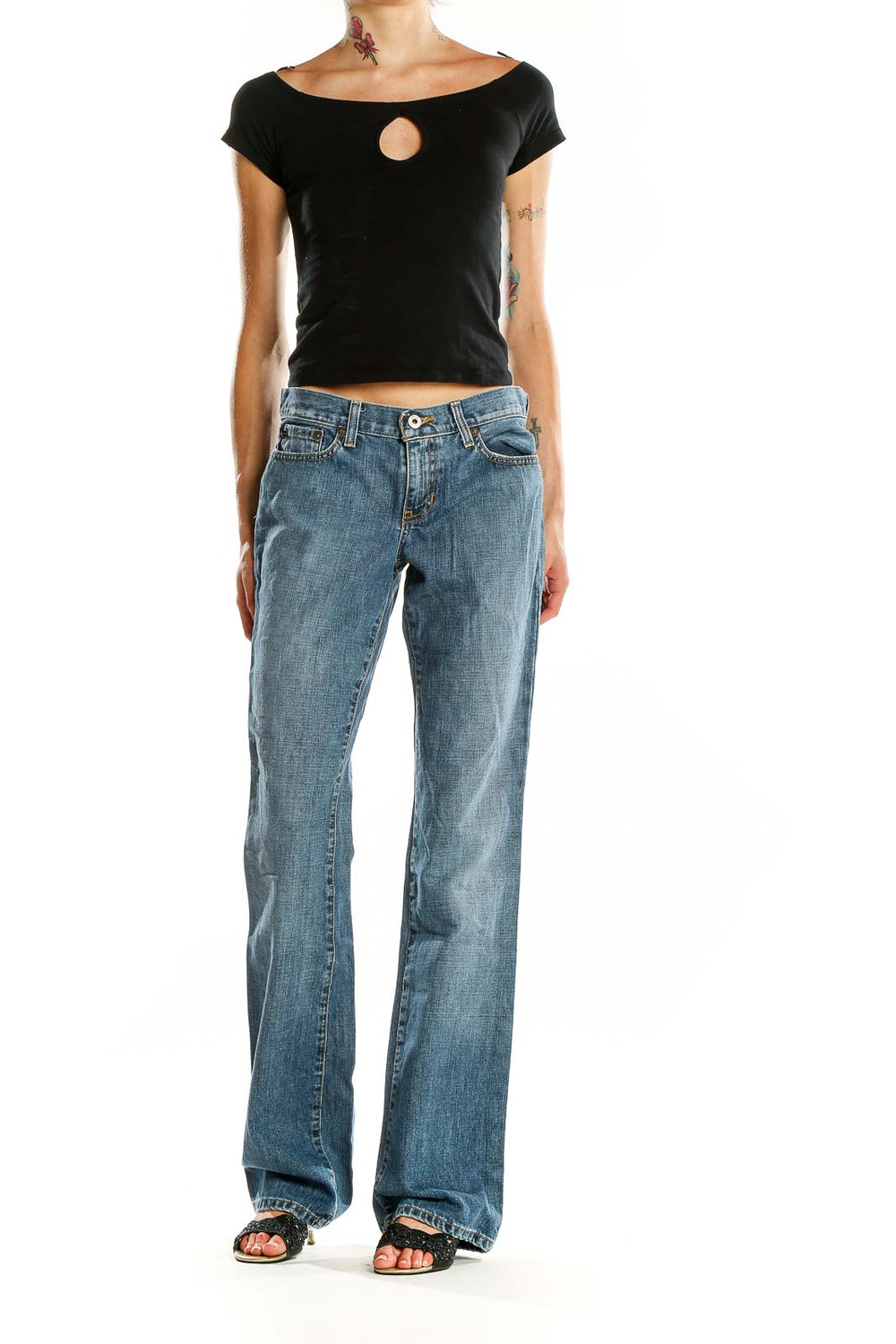 Front view of Polo Jeans Co. Ralph Lauren blue straight leg jeans on model