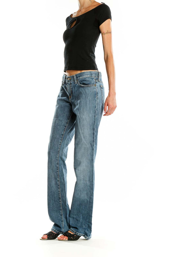 Front view of Polo Jeans Co. Ralph Lauren blue straight leg jeans on model