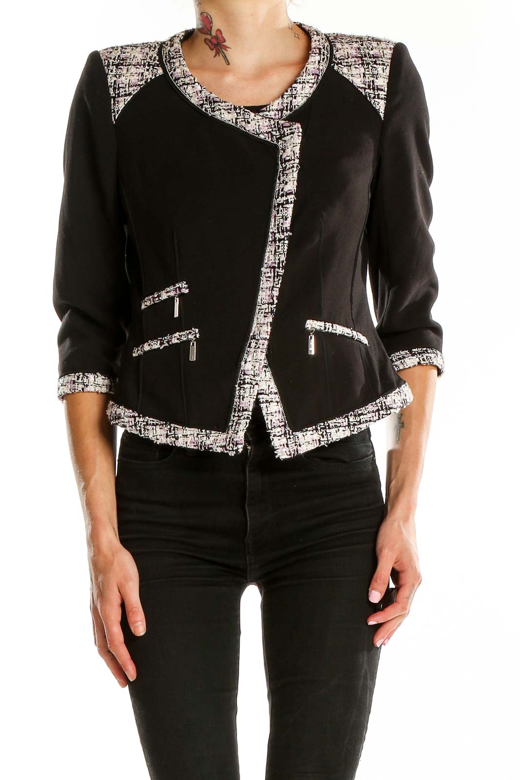 Front view of White House Black Market Black Asymmetrical Blazer with tweed trim