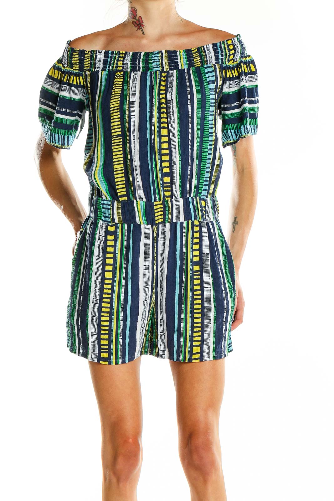 Front view of LOFT green striped off-shoulder romper with puff sleeves