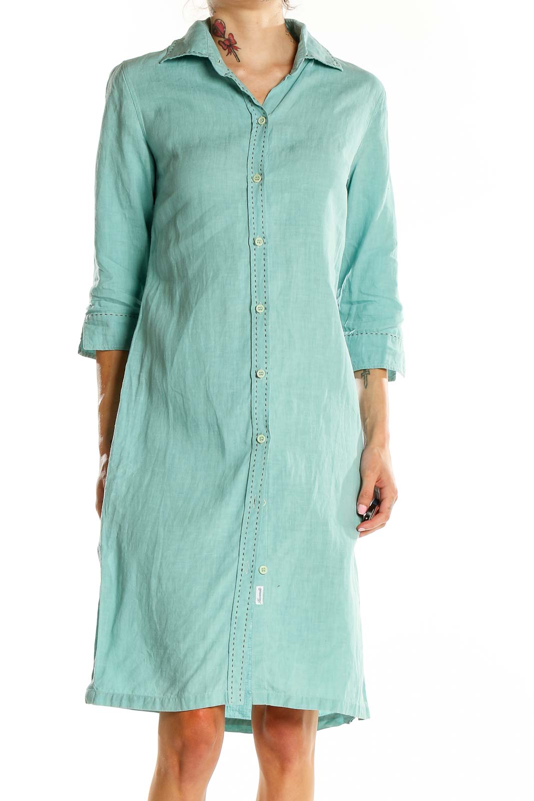 Front view of mint green Faconnable linen button-down shirt dress