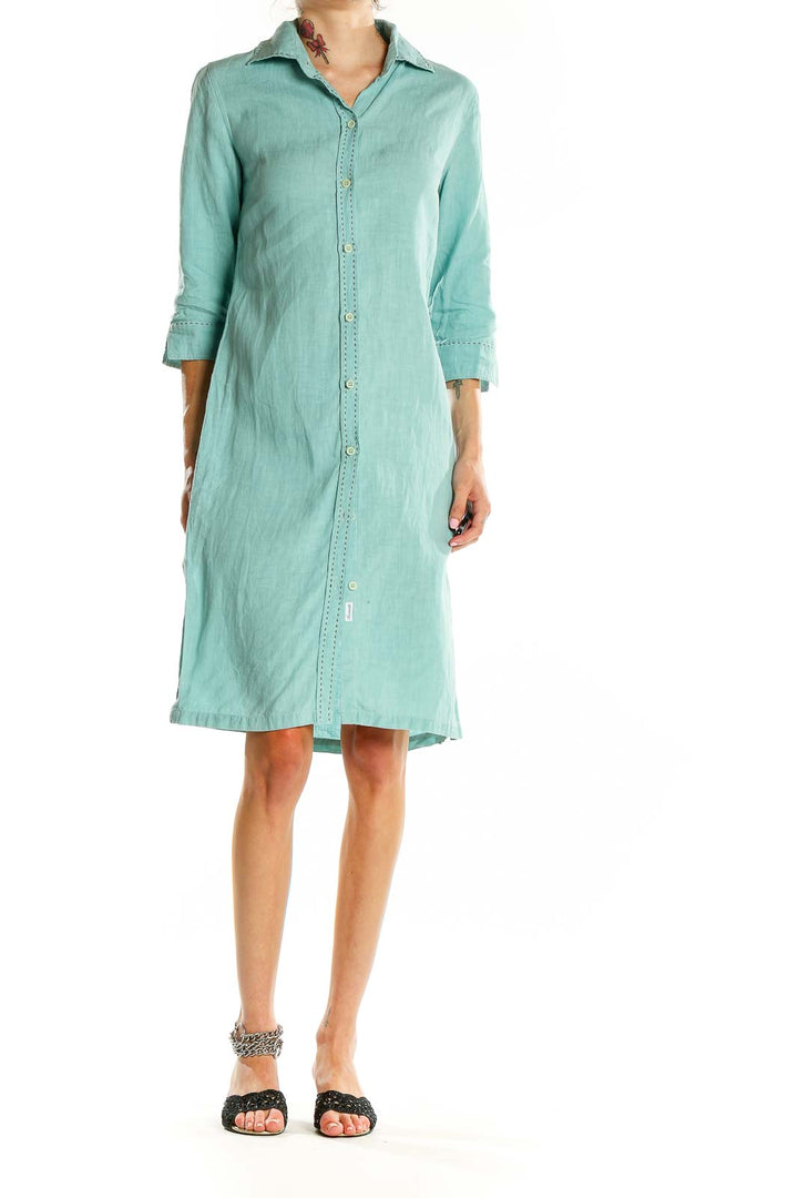 Front view of mint green Faconnable linen button-down shirt dress