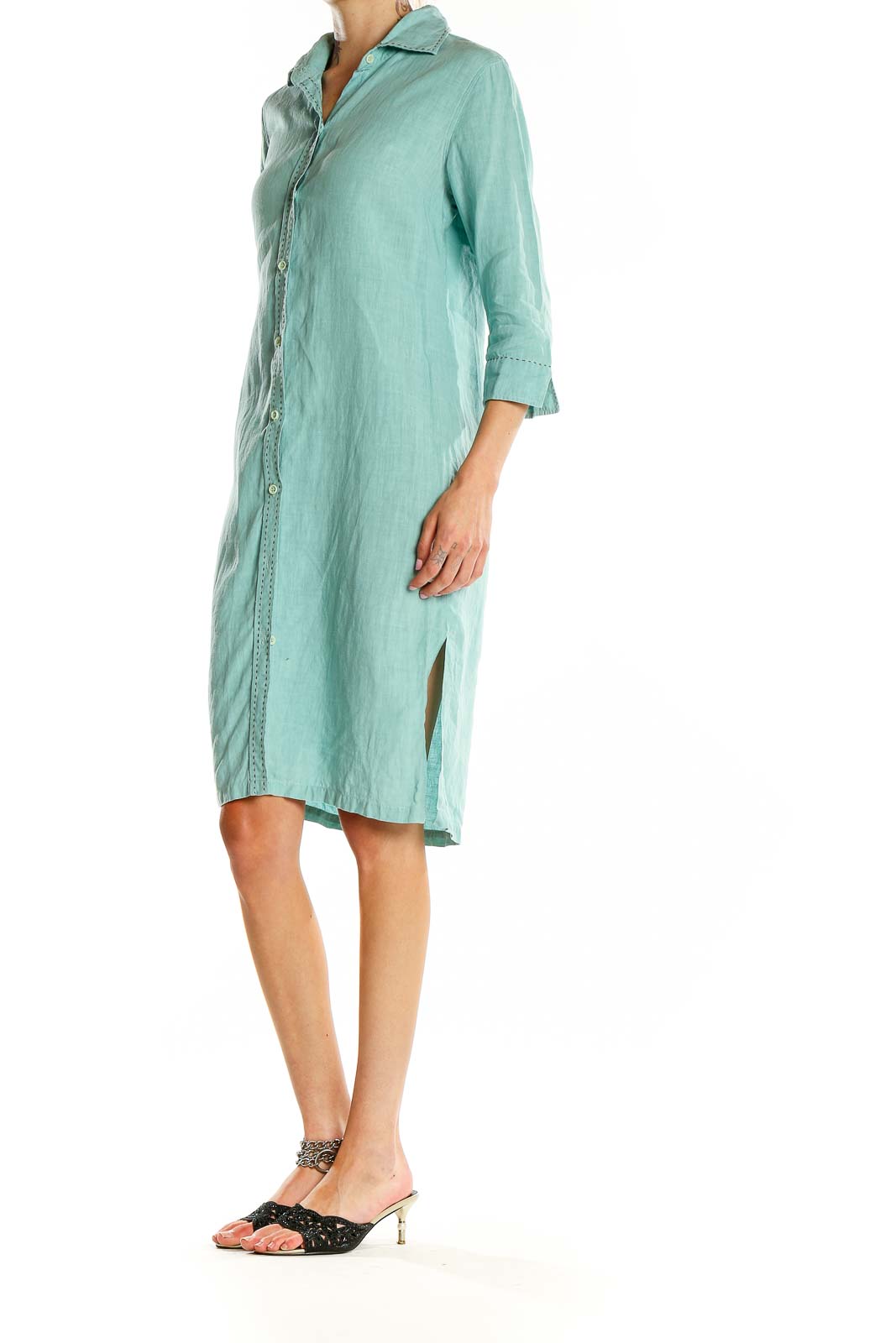 Front view of mint green Faconnable linen button-down shirt dress