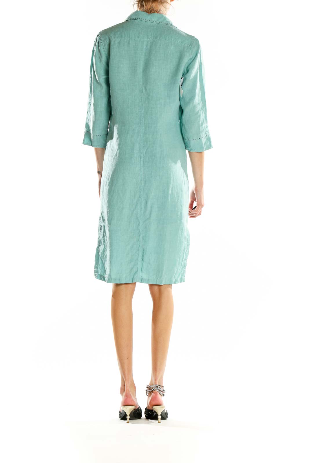 Back view of mint green Faconnable linen button-down shirt dress