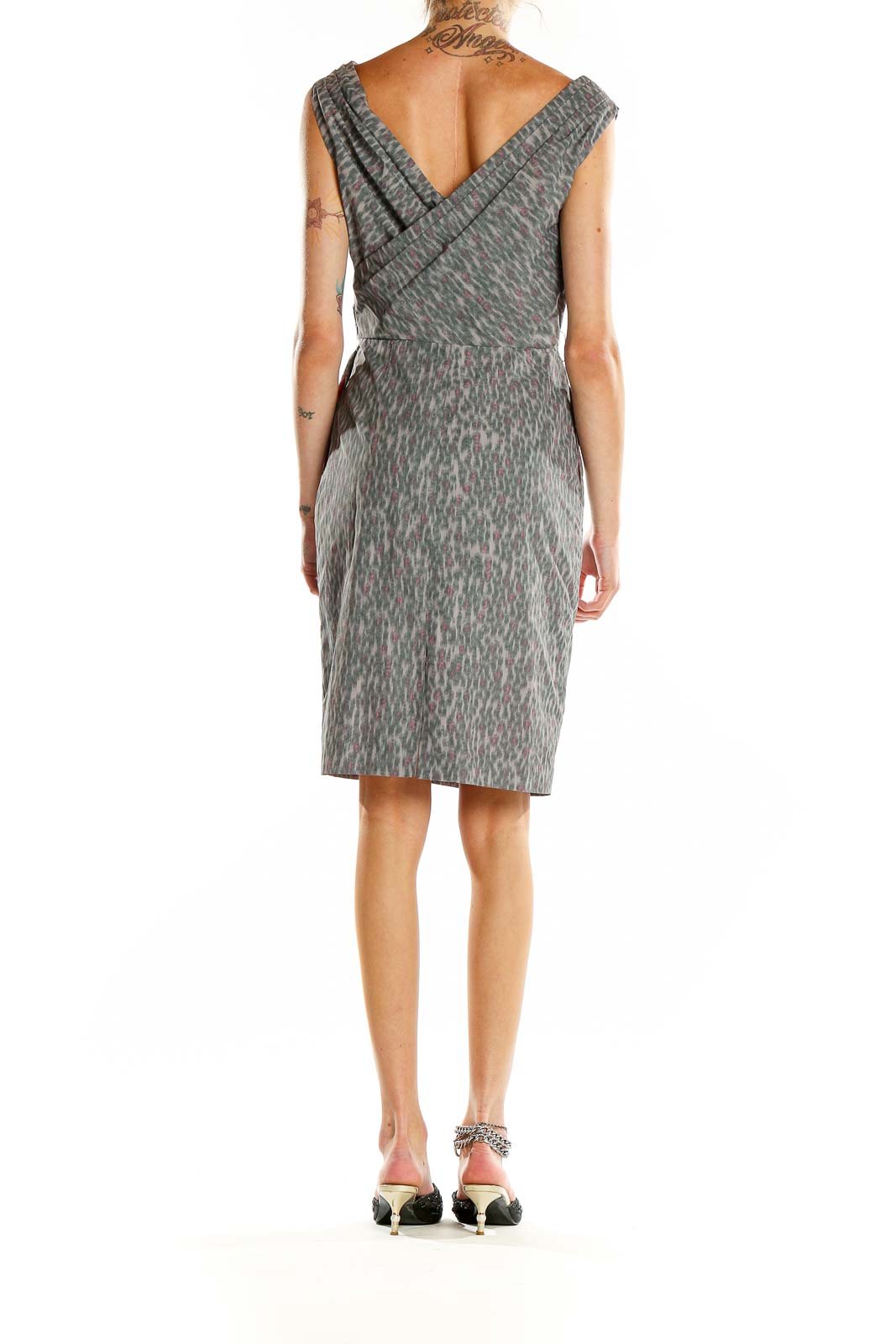 Back view of MARC NEW YORK ANDREW MARC gray leopard print wrap dress