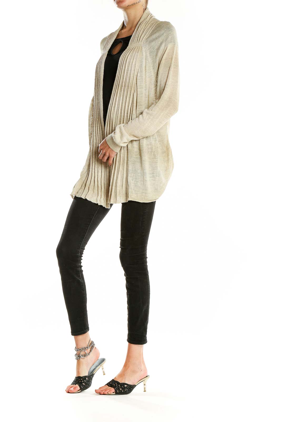 Front view of Margaret O'leary beige ribbed open front cardigan