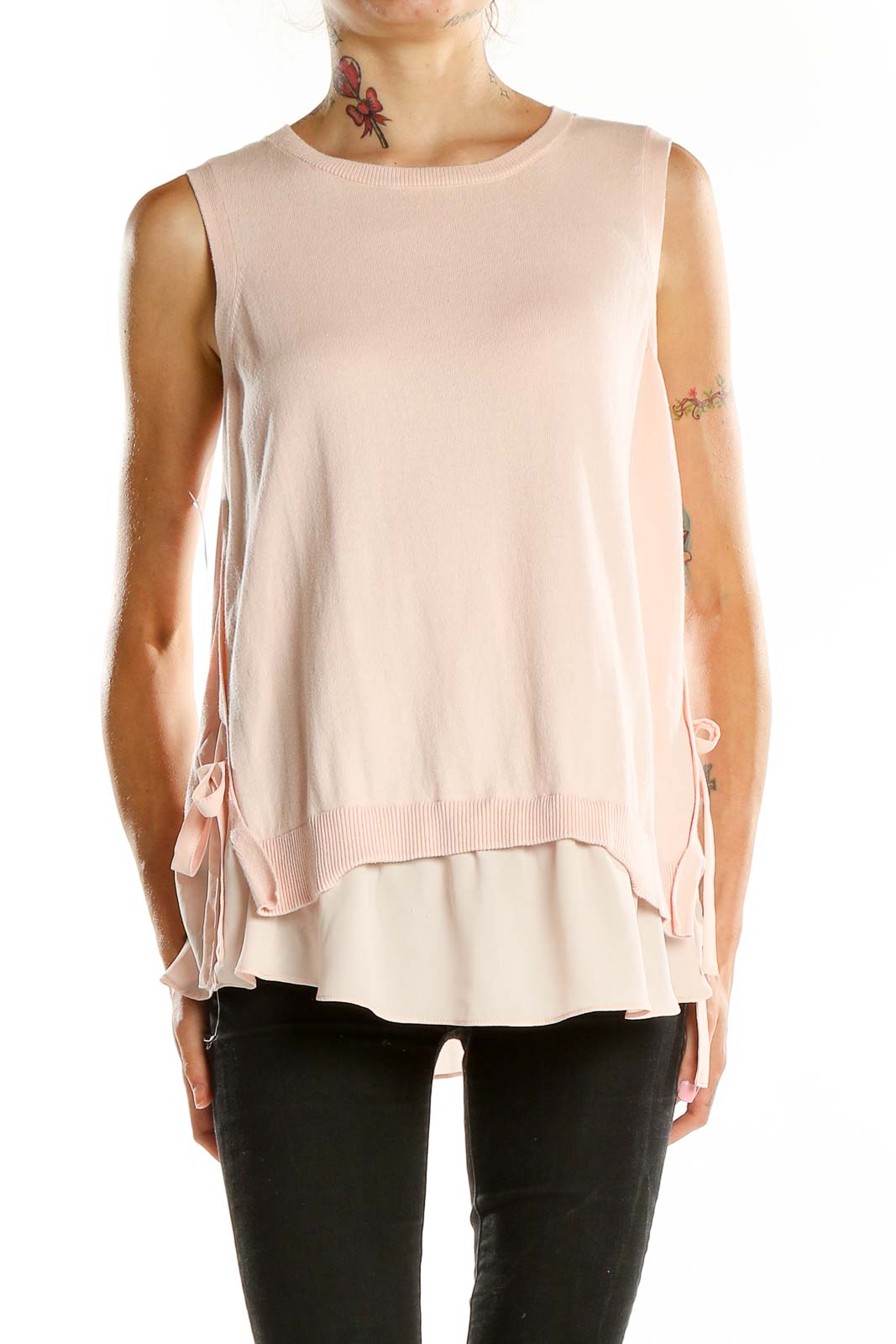 Front view of LOFT blush layered sleeveless top with side ties