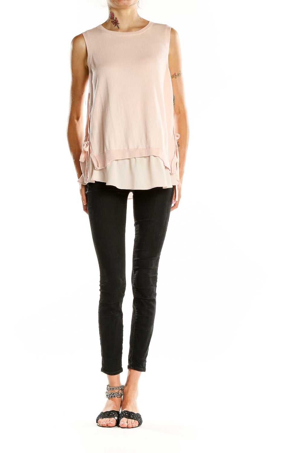 Front view of LOFT blush layered sleeveless top with side ties