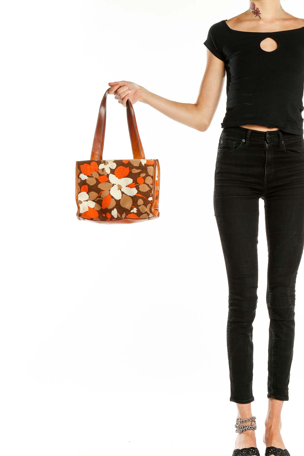 Brown Orange Floral Print Bag