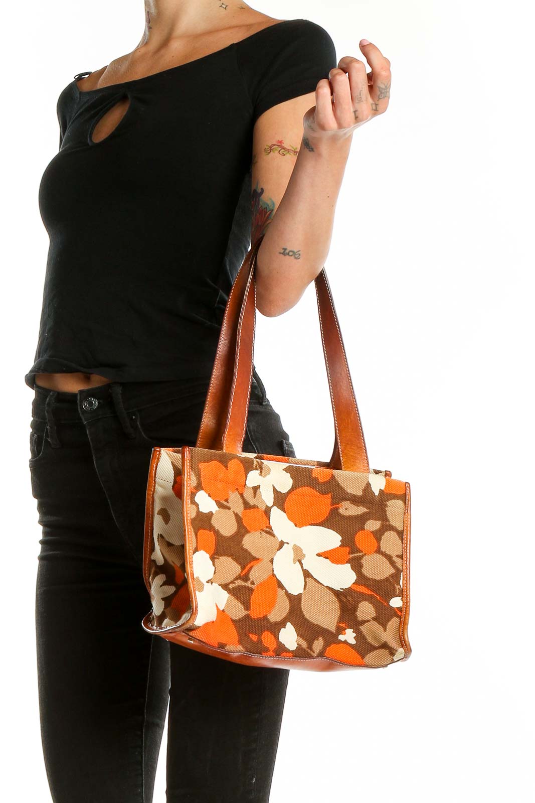 Brown Orange Floral Print Bag