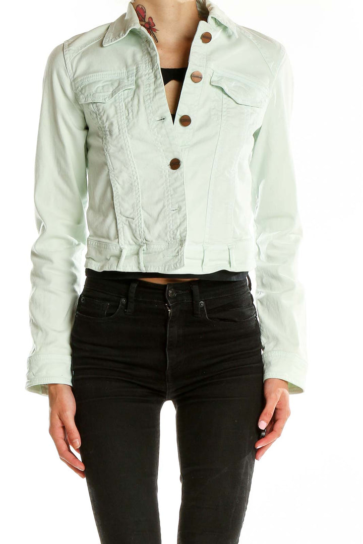 Front view of Sanctuary mint green cropped denim jacket