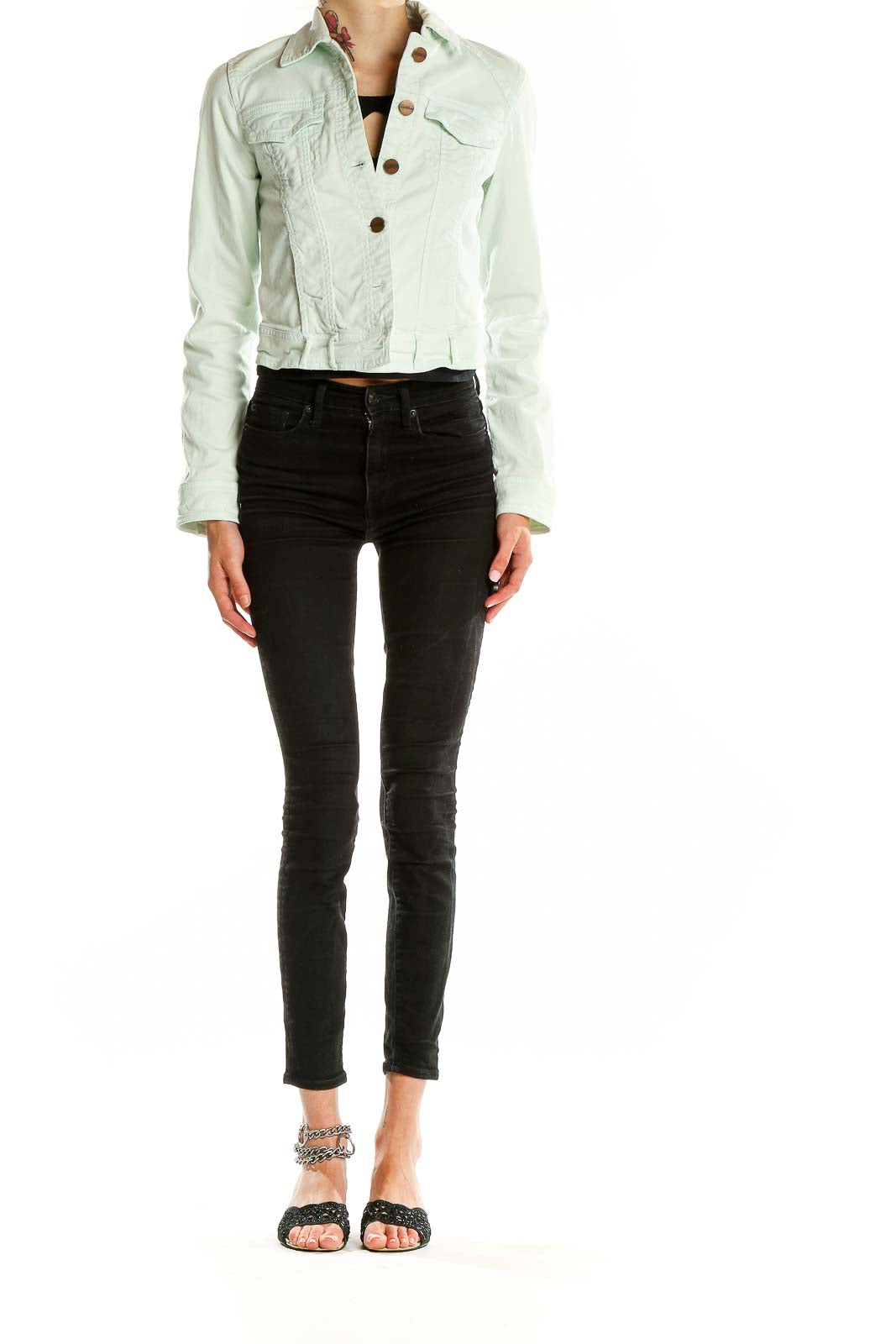 Front view of Sanctuary mint green cropped denim jacket