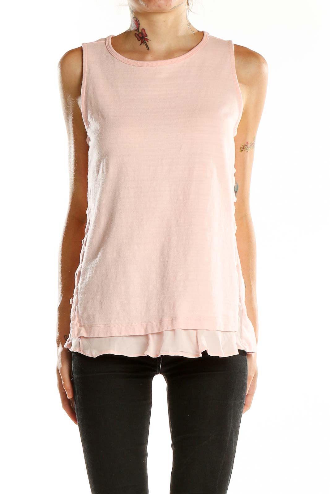 Front view of blush pink LOFT sleeveless tank top with layered ruffle hem