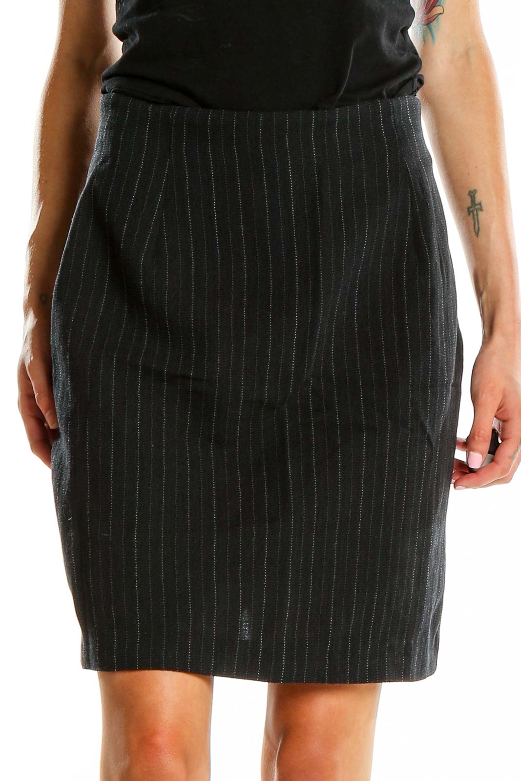 Front view of Ralph by Ralph Lauren black pinstripe pencil skirt