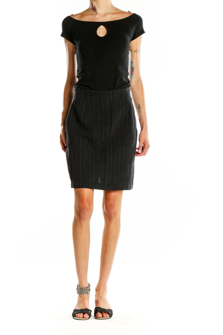 Front view of Ralph by Ralph Lauren black pinstripe pencil skirt