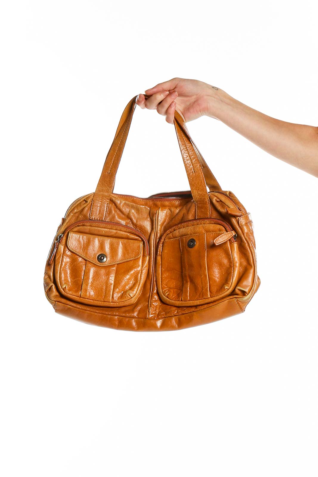 Front view of tan leather Francesco Biasia shoulder bag with two front pockets