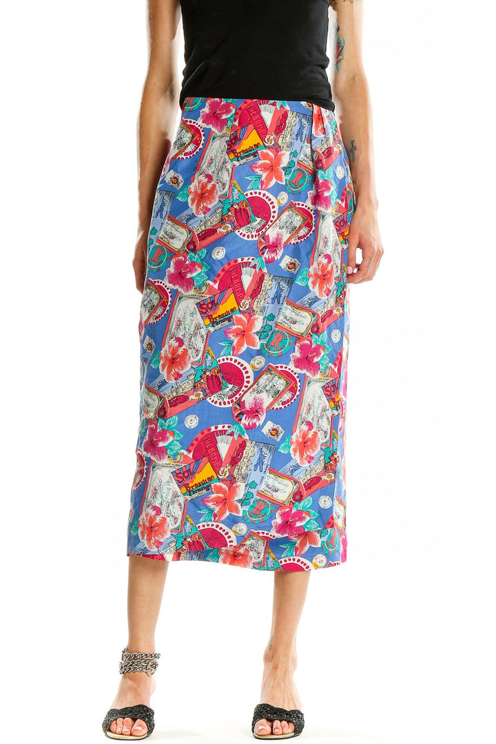 Front view of Casual Corner ANNEX blue floral print silk midi skirt