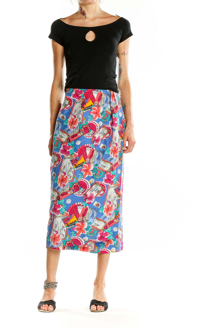 Front view of Casual Corner ANNEX blue floral print silk midi skirt