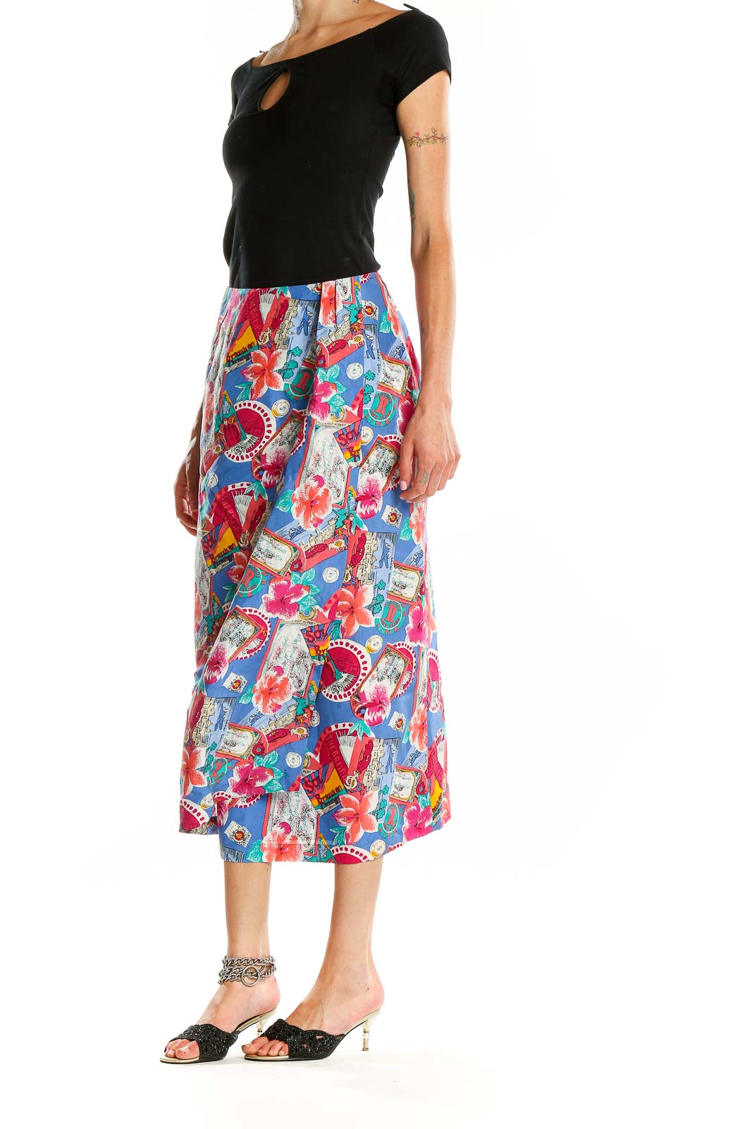 Front view of Casual Corner ANNEX blue floral print silk midi skirt