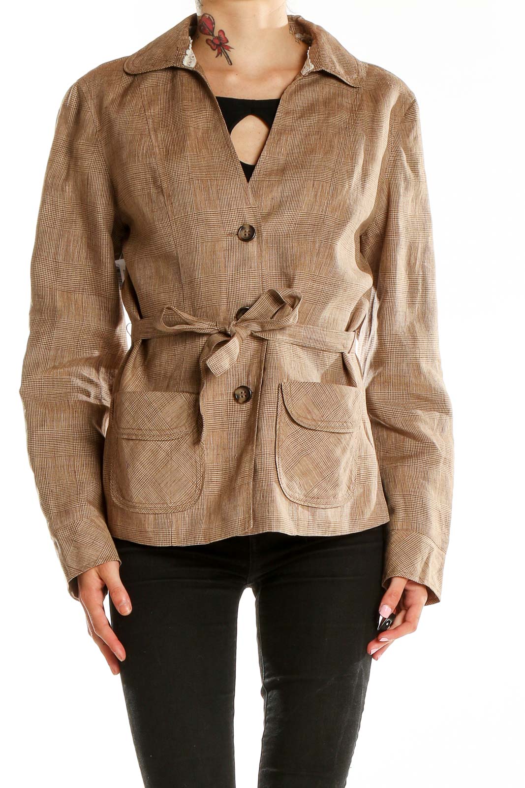 Front view of tan linen blend belted jacket from Coldwater Creek