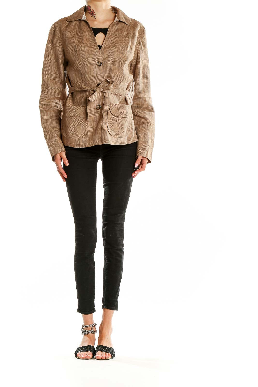 Front view of tan linen blend belted jacket from Coldwater Creek