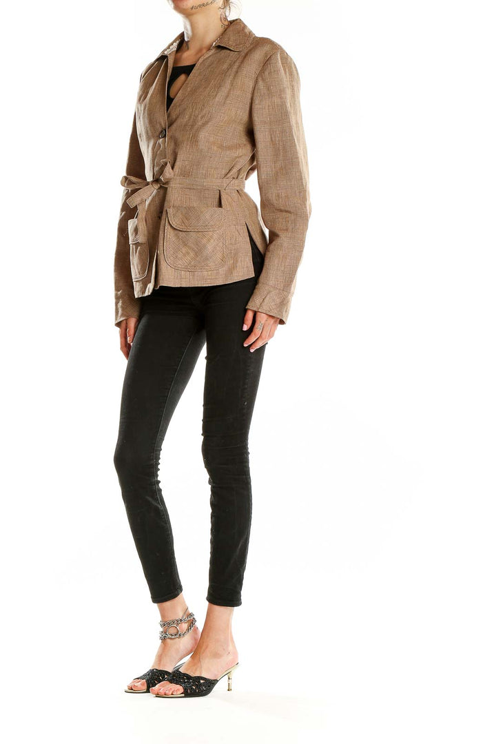 Front view of tan linen blend belted jacket from Coldwater Creek