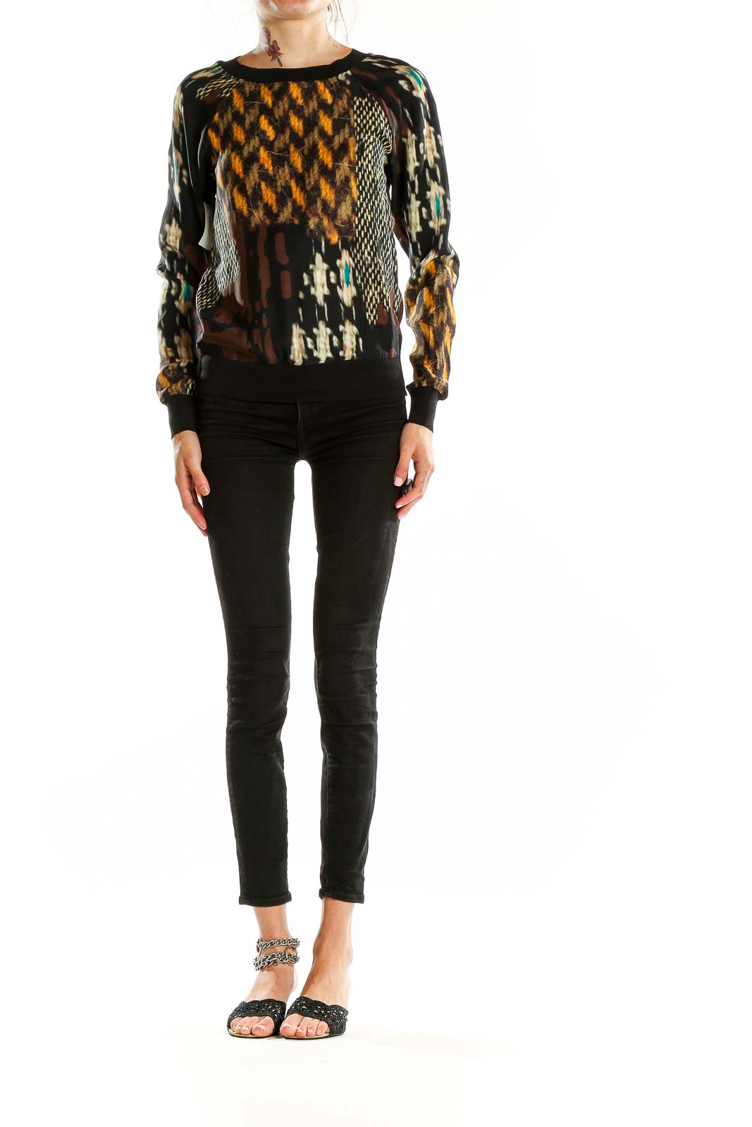 Front view of Trina Turk multicolor abstract print silk blouse