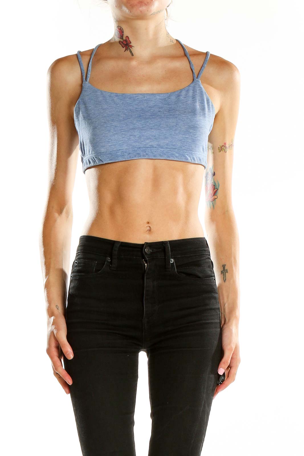 Front view of blue GapFit cropped sports bra with thin straps