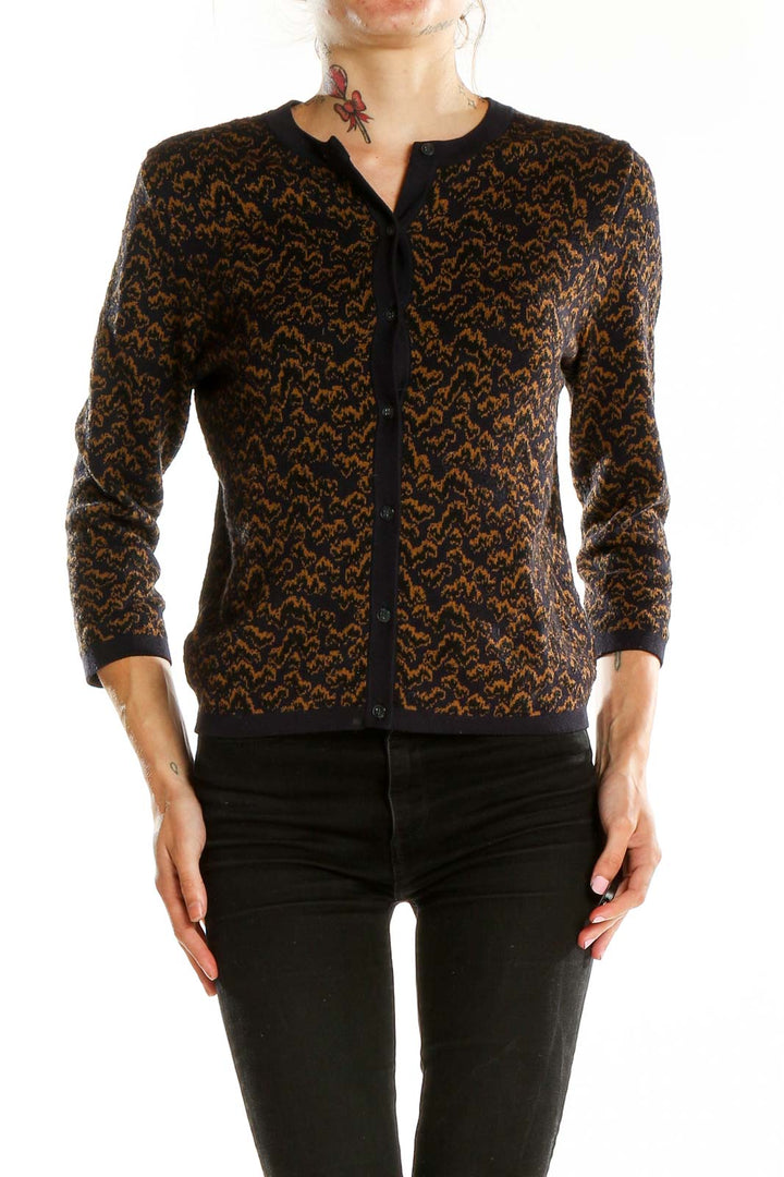 Front view of Ann Taylor brown patterned cashmere blend cardigan with button-front closure