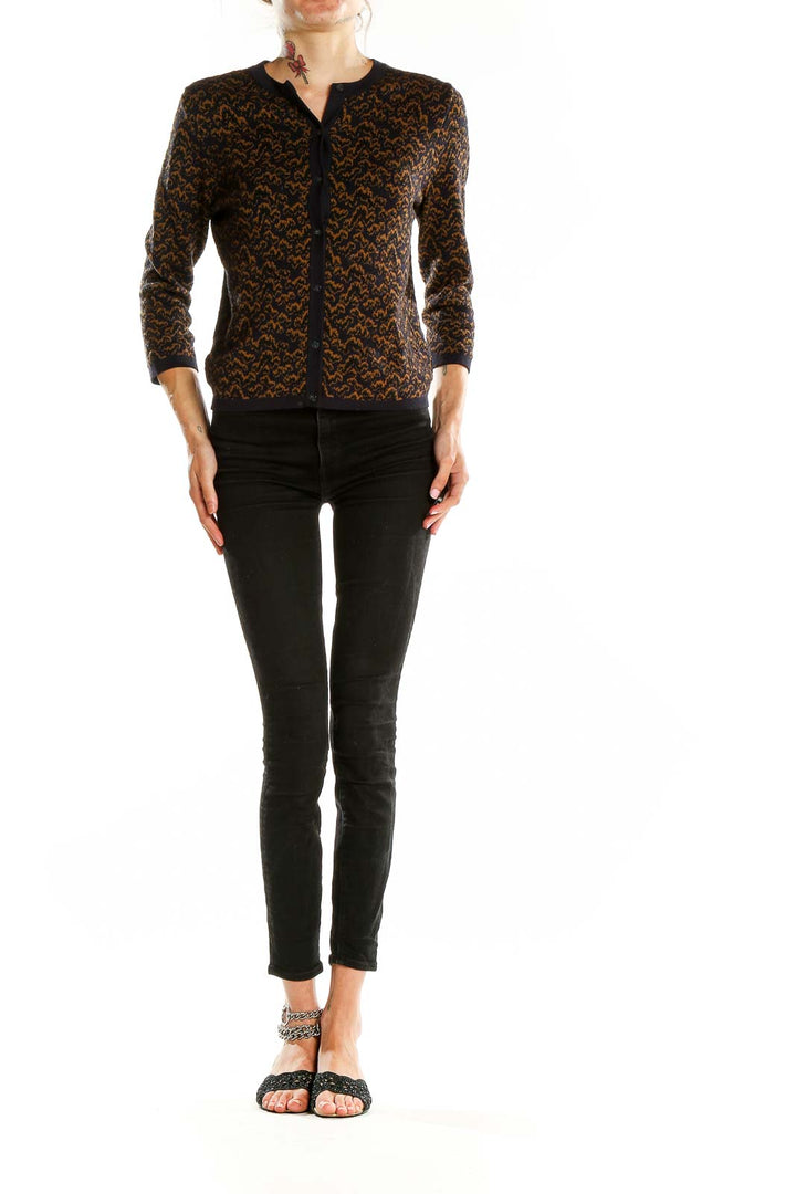 Front view of Ann Taylor brown patterned cashmere blend cardigan with button-front closure