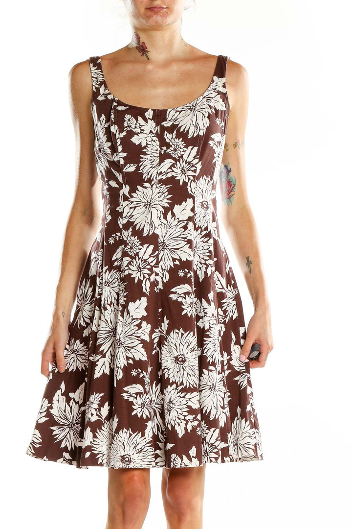 Brown Flare Floral Print Dress